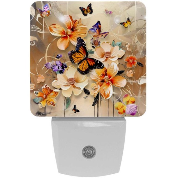 PhooArto Flowers with Butterflies Painting Plug in LED Night Light Auto Sensor Dusk to Dawn Decorative Night for Bedroom, Bathroom, Kitchen, Hallway, Stairs, Baby's Room, Energy Saving