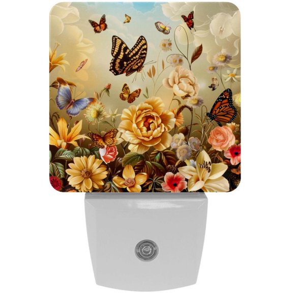 PhooArto Flowers with Butterflies Plug in LED Night Light Auto Sensor Dusk to Dawn Decorative Night for Bedroom, Bathroom, Kitchen, Hallway, Stairs, Baby's Room, Energy Saving