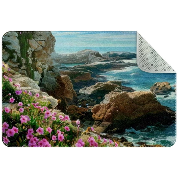 PhooArto Flowers Coast Rocks Scene Indoor Door Mat, Non-Slip Absorbent Doormat Inside Floor Mats Area Rug for Entryway, Machine Washable Entrance Rug Outdoor 35x24in