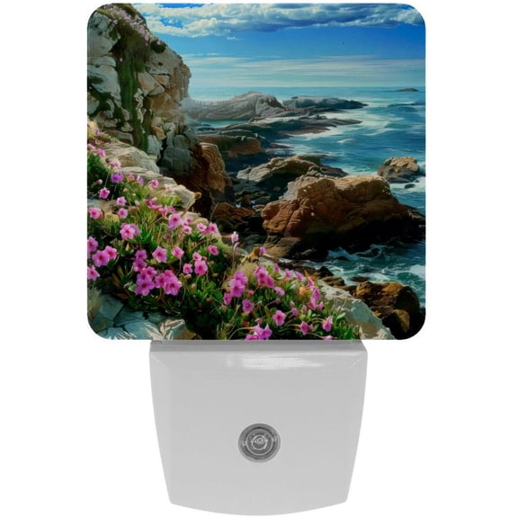 PhooArto Flowers Coast Rocks Scene Plug in LED Night Light Auto Sensor Dusk to Dawn Decorative Night for Bedroom, Bathroom, Kitchen, Hallway, Stairs, Baby's Room, Energy Saving