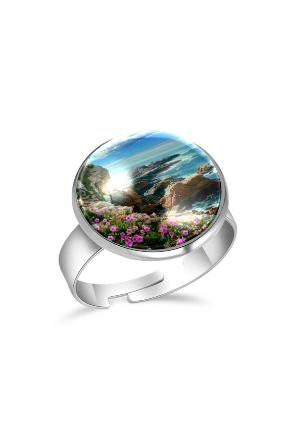 Flowers Coast Rocks Scene Stainless Steel Rings for Women, Open Adjustable Ring Promise Ring Jewelry Gifts