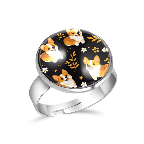 PhooArto Flowers Corgi Dog Pattern Stainless Steel Rings for Women, Open Adjustable Ring Promise Ring Jewelry Gifts