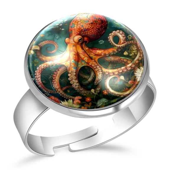 PhooArto Flowers Octopus Pattern Stainless Steel Rings for Women, Open Adjustable Ring Promise Ring Jewelry Gifts