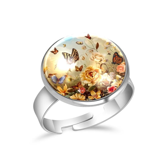 PhooArto Flowers with Butterflies Stainless Steel Rings for Women, Open Adjustable Ring Promise Ring Jewelry Gifts