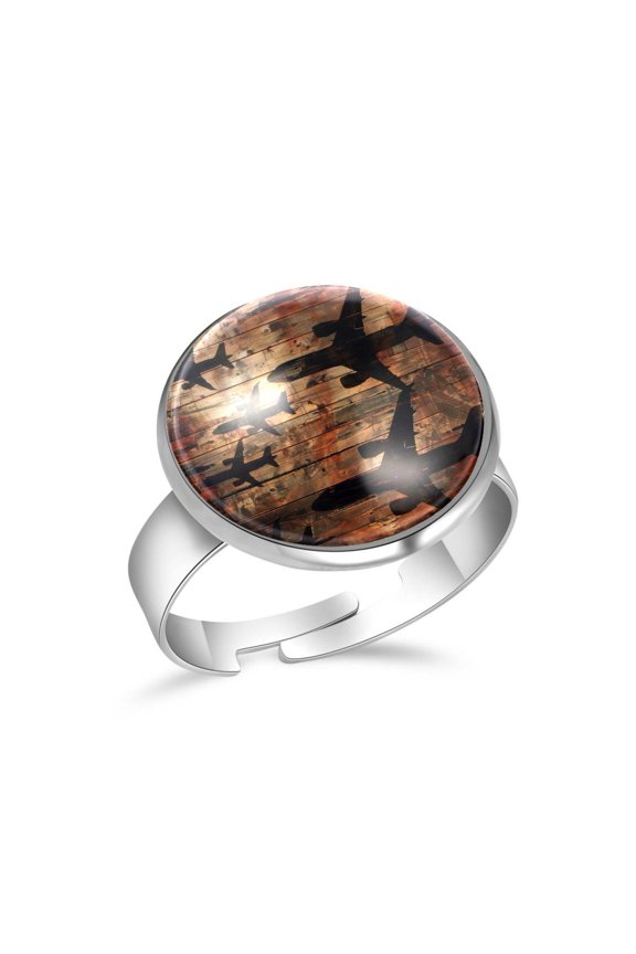 Fly Airplane Silhouettes Wooden Boards Stainless Steel Rings for Women, Open Adjustable Ring Promise Ring Jewelry Gifts
