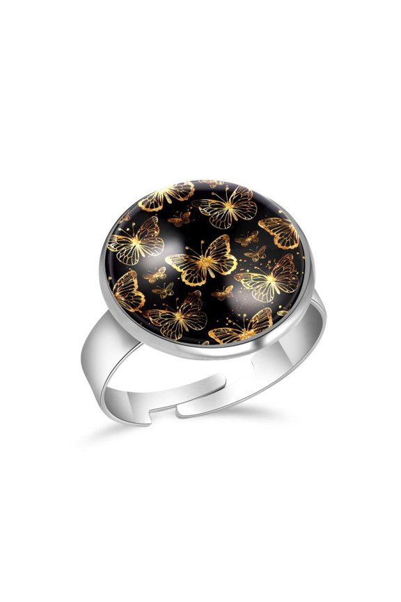 Flying Butterfly Golden Pattern Stainless Steel Rings for Women, Open Adjustable Ring Promise Ring Jewelry Gifts
