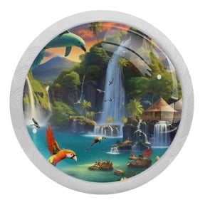 PhooArto Flying Parrots Dolphins Waterfall 4 PCS Crystal Glass Cabinet Knobs, Drawer Kitchen Cabinets Dresser Cupboard Wardrobe Pulls Handle - Glowing in the Dark