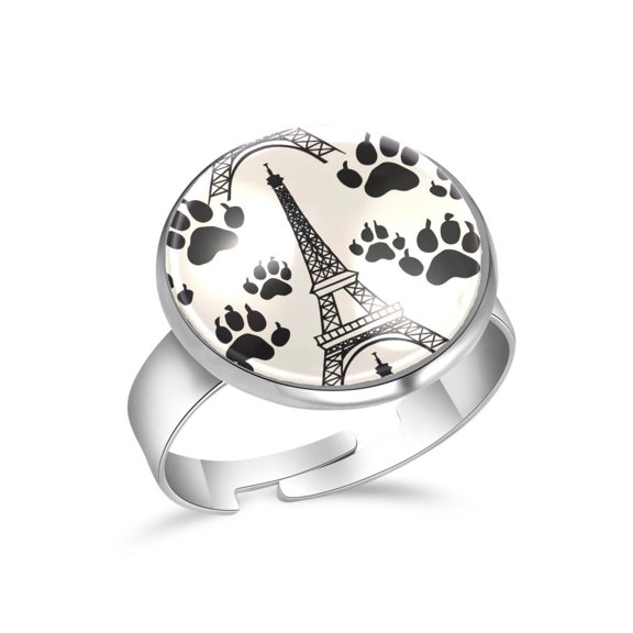 PhooArto Footprint Eiffel Tower Patterns Stainless Steel Rings for Women, Open Adjustable Ring Promise Ring Jewelry Gifts