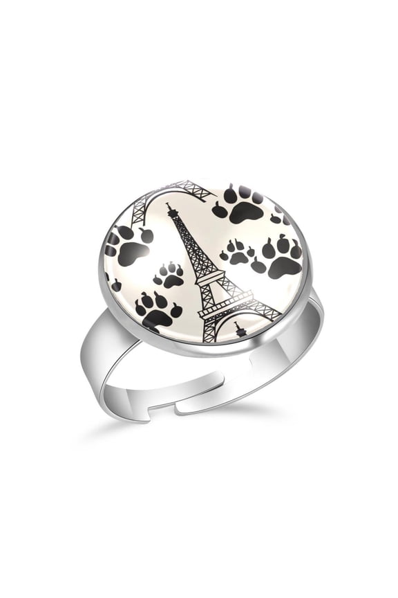 Footprint Eiffel Tower Patterns Stainless Steel Rings for Women, Open Adjustable Ring Promise Ring Jewelry Gifts