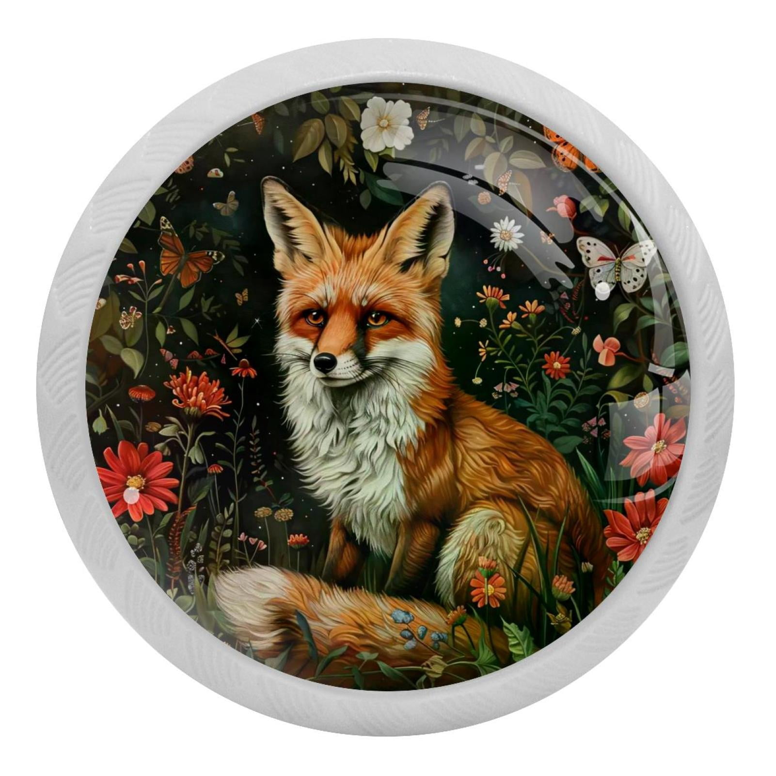 Fox Cupboard PhooArto Forest Fox Butterflies Flowers 4 PCS Crystal Glass Cabinet ...