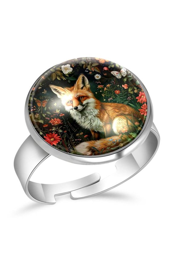 Forest Fox Butterflies Flowers Stainless Steel Rings for Women, Open Adjustable Ring Promise Ring Jewelry Gifts