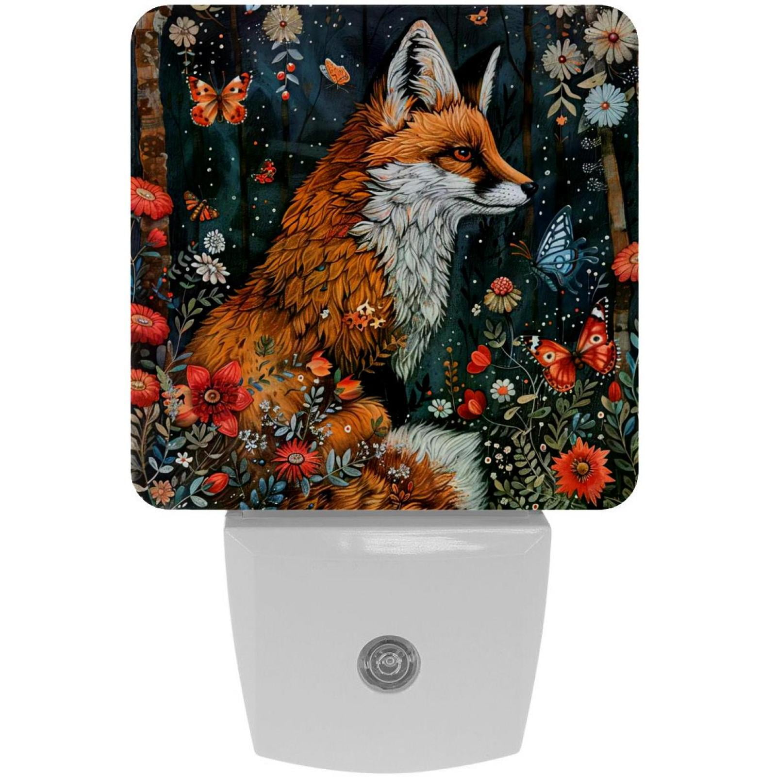 PhooArto Fox Butterflies Flowers Plug in LED Night Light Auto Sensor Dusk to Dawn Decorative Night for Bedroom, Bathroom, Kitchen, Hallway, Stairs, Baby's Room, Energy Saving