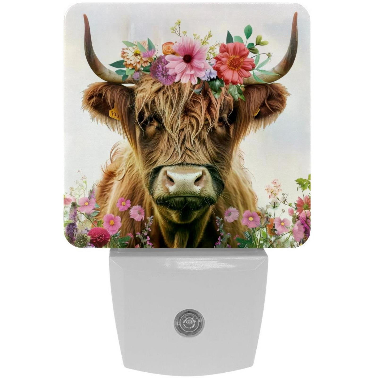 PhooArto Funny Cow Cattle with Flowers Plug in LED Night Light Auto Sensor Dusk to Dawn Decorative Night for Bedroom, Bathroom, Kitchen, Hallway, Stairs, Baby's Room, Energy Saving