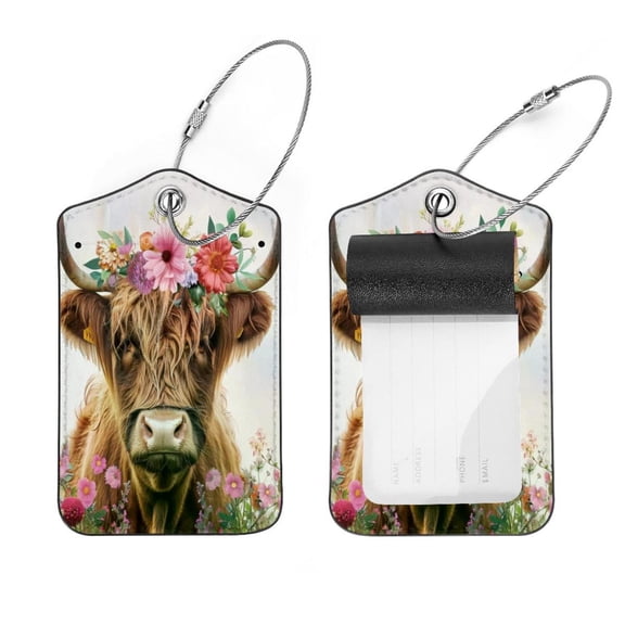 PhooArto Funny Cow Cattle with Flowers Luggage Tags with Stainless Steel Loop, 2 Pack Luggage Tag Holders for Travel Luggage Baggage Identifier