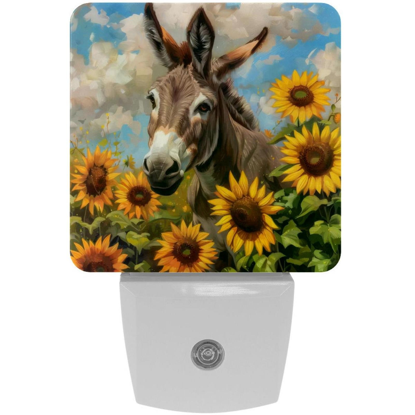 PhooArto Funny Donkey Sunflowers Plug in LED Night Light Auto Sensor Dusk to Dawn Decorative Night for Bedroom, Bathroom, Kitchen, Hallway, Stairs, Baby's Room, Energy Saving
