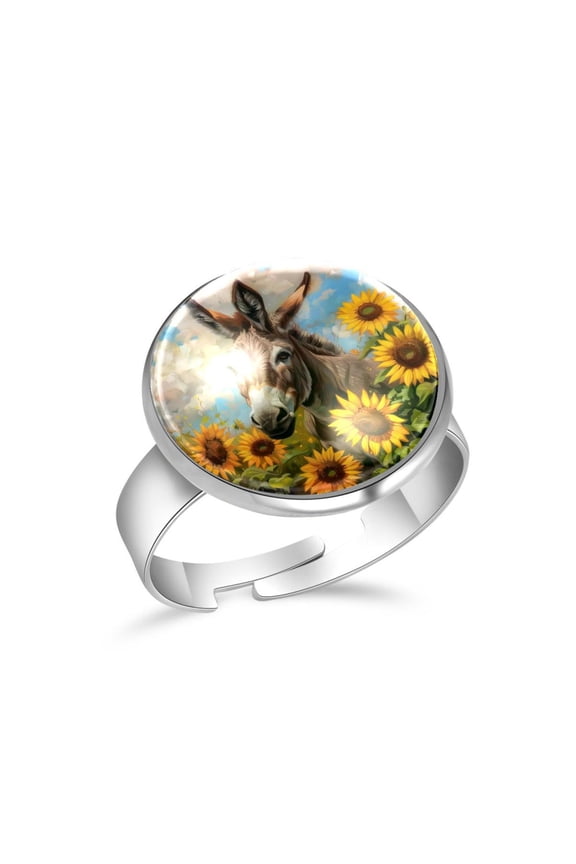 Funny Donkey Sunflowers Stainless Steel Rings for Women, Open Adjustable Ring Promise Ring Jewelry Gifts