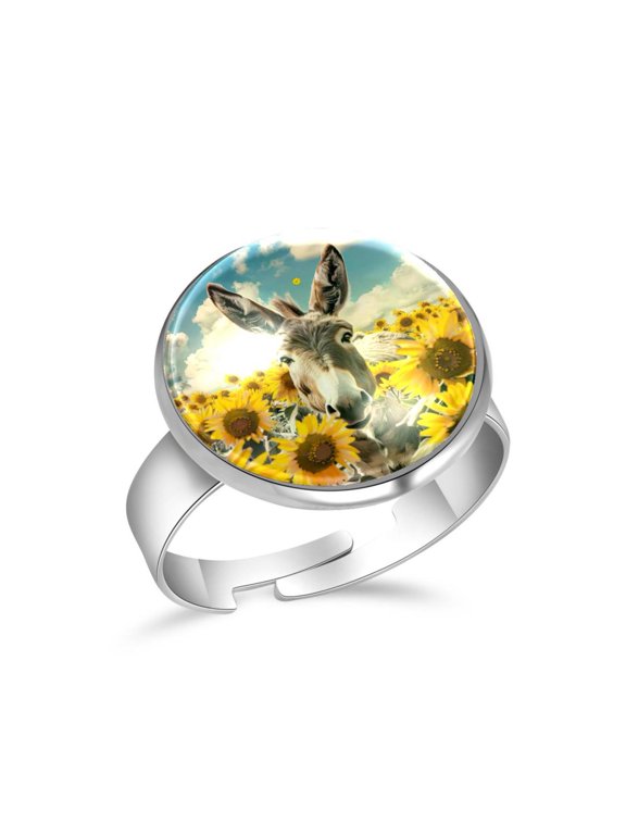 Funny Donkey and Sunflowers Stainless Steel Rings for Women, Open Adjustable Ring Promise Ring Jewelry Gifts