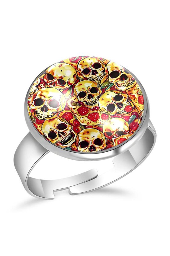 Funny Pizzas Skulls Pattern Stainless Steel Rings for Women, Open Adjustable Ring Promise Ring Jewelry Gifts