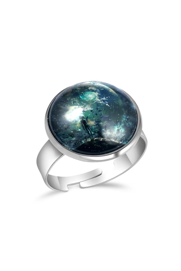 Galaxy Alien Earth Stainless Steel Rings for Women, Open Adjustable Ring Promise Ring Jewelry Gifts