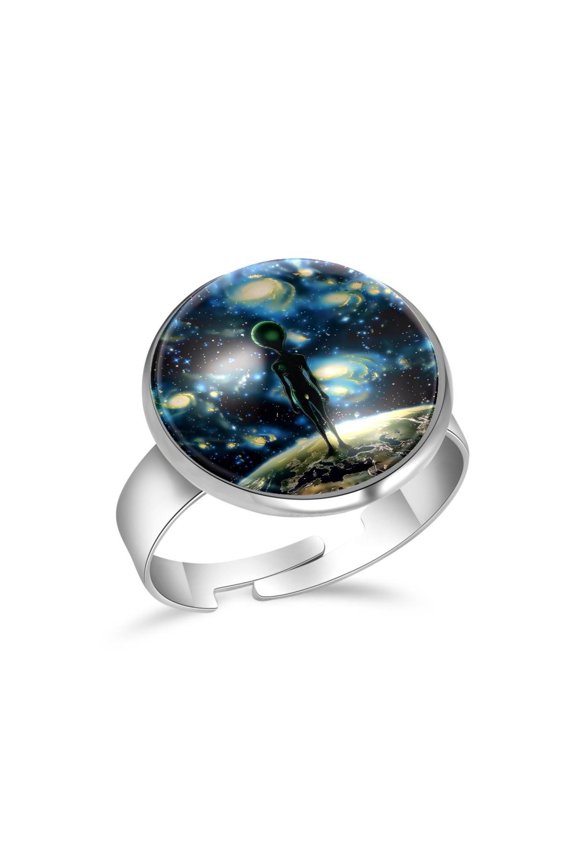 Galaxy Alien Stands Earth Stainless Steel Rings for Women, Open Adjustable Ring Promise Ring Jewelry Gifts