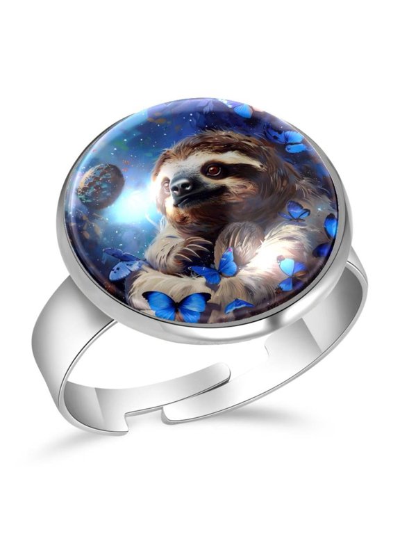 Galaxy Blue Butterflies Sloth Stainless Steel Rings for Women, Open Adjustable Ring Promise Ring Jewelry Gifts