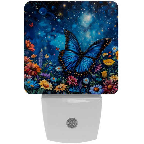 PhooArto Galaxy Blue Butterfly Dances Flowers Plug in LED Night Light Auto Sensor Dusk to Dawn Decorative Night for Bedroom, Bathroom, Kitchen, Hallway, Stairs, Baby's Room, Energy Saving