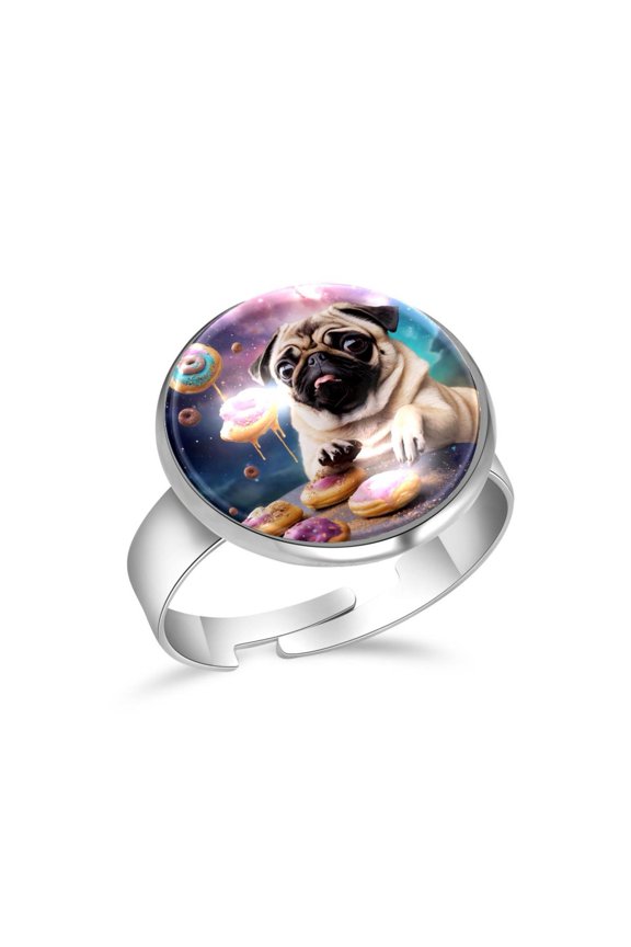 Galaxy Cute Pug Dog Donuts Stainless Steel Rings for Women, Open Adjustable Ring Promise Ring Jewelry Gifts