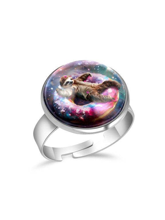 Galaxy Donut Sloth Stainless Steel Rings for Women, Open Adjustable Ring Promise Ring Jewelry Gifts