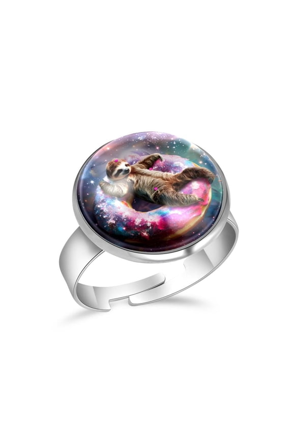 Galaxy Donut Sloth Stainless Steel Rings for Women, Open Adjustable Ring Promise Ring Jewelry Gifts