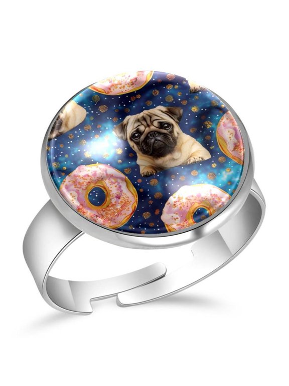 Galaxy Donuts Pug Dogs Stainless Steel Rings for Women, Open Adjustable Ring Promise Ring Jewelry Gifts