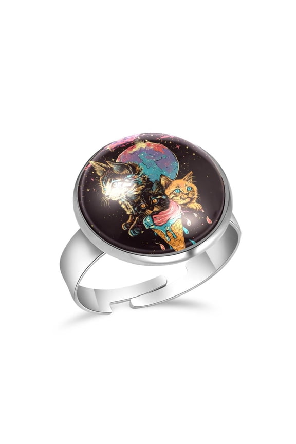 Galaxy Ice Cream Cat Stainless Steel Rings for Women, Open Adjustable Ring Promise Ring Jewelry Gifts