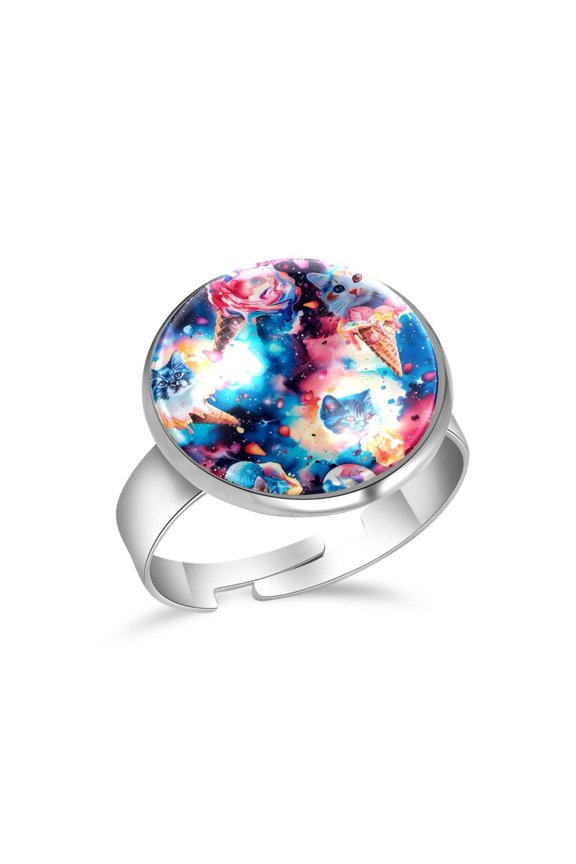 Galaxy Kittens Ice Cream Pattern Stainless Steel Rings for Women, Open Adjustable Ring Promise Ring Jewelry Gifts