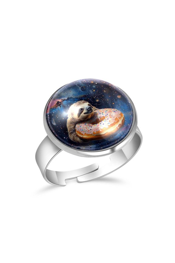 Galaxy Sloth Donut Stainless Steel Rings for Women, Open Adjustable Ring Promise Ring Jewelry Gifts