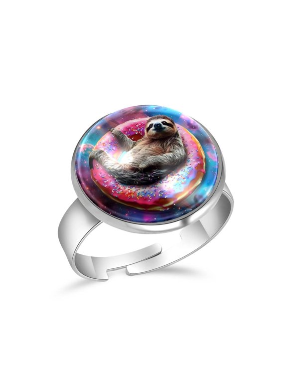 Galaxy Sloth Lying Pink Donut Stainless Steel Rings for Women, Open Adjustable Ring Promise Ring Jewelry Gifts