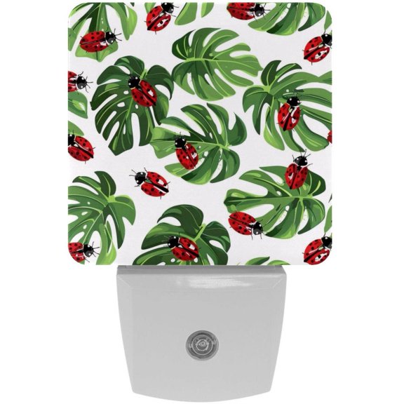 PhooArto Geen Palm Leaf Ladybugs Pattern Plug in LED Night Light Auto Sensor Dusk to Dawn Decorative Night for Bedroom, Bathroom, Kitchen, Hallway, Stairs, Baby's Room, Energy Saving