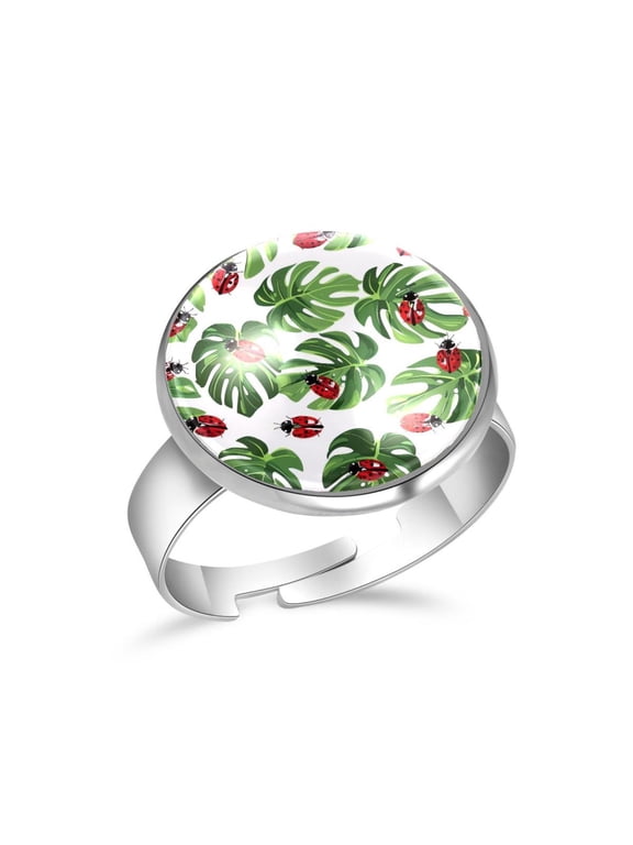 Geen Palm Leaf Ladybugs Pattern Stainless Steel Rings for Women, Open Adjustable Ring Promise Ring Jewelry Gifts