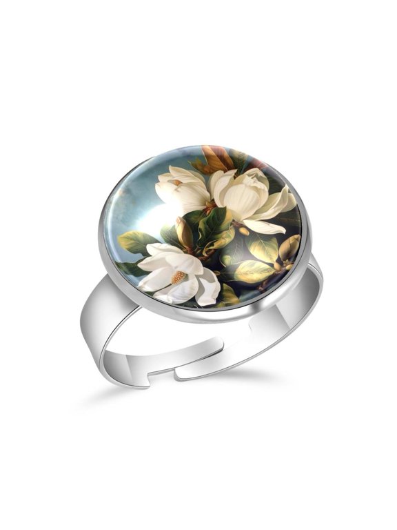 Giant Magnolias Flower Painting Stainless Steel Rings for Women, Open Adjustable Ring Promise Ring Jewelry Gifts
