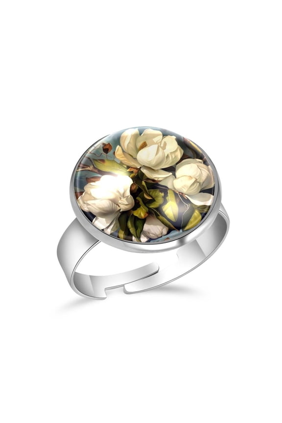 Giant Magnolias Stainless Steel Rings for Women, Open Adjustable Ring Promise Ring Jewelry Gifts