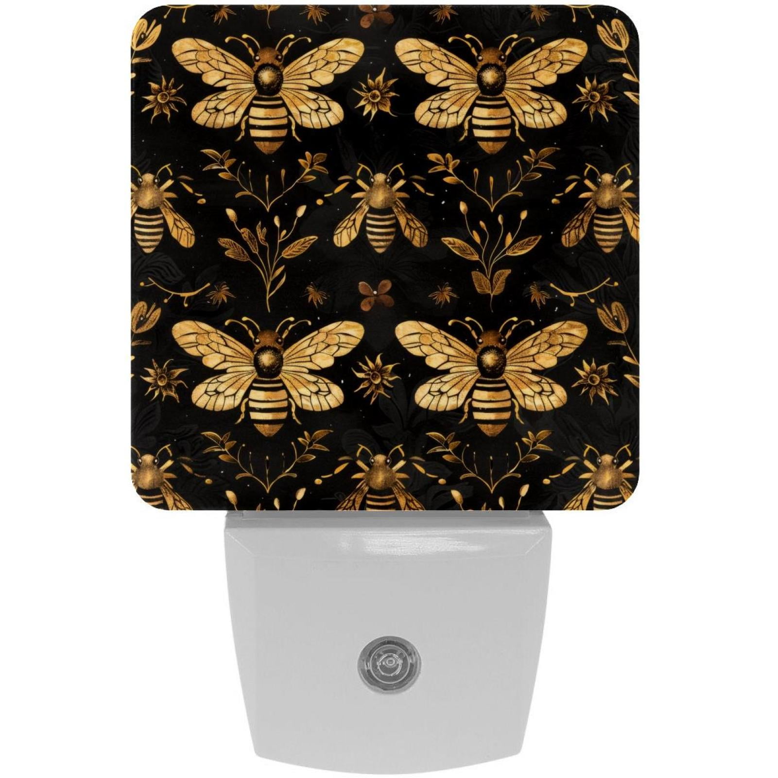PhooArto Golden Bees and Flowers Pattern Plug in LED Night Light Auto Sensor Dusk to Dawn Decorative Night for Bedroom, Bathroom, Kitchen, Hallway, Stairs, Baby's Room, Energy Saving