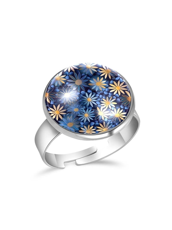 Golden Blue Flower Pattern Stainless Steel Rings for Women, Open Adjustable Ring Promise Ring Jewelry Gifts