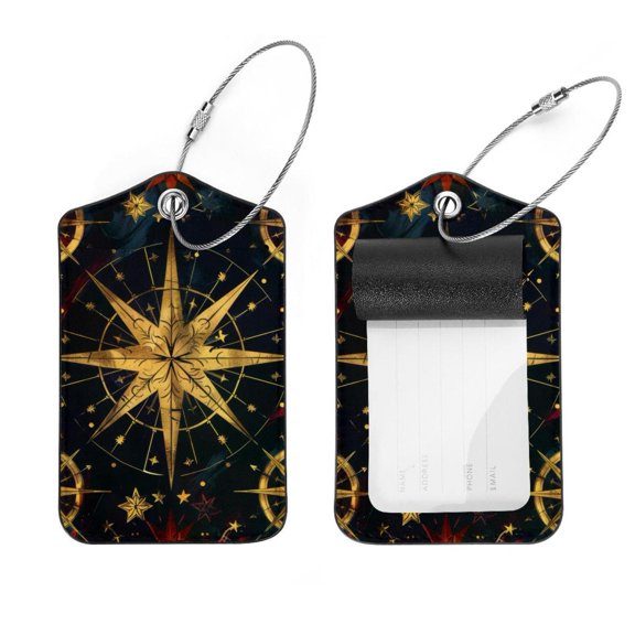 PhooArto Golden Compass Pattern Luggage Tags with Stainless Steel Loop, 2 Pack Luggage Tag Holders for Travel Luggage Baggage Identifier