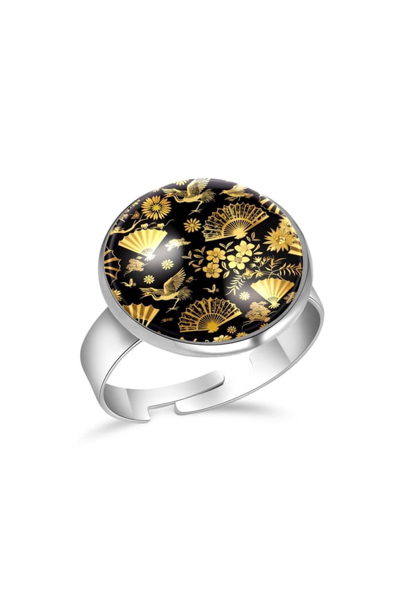 Golden Crane Fan Flower Pattern Stainless Steel Rings for Women, Open Adjustable Ring Promise Ring Jewelry Gifts
