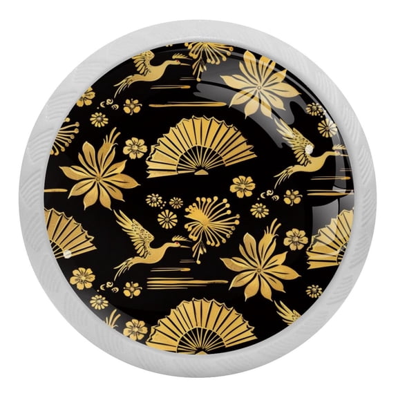 PhooArto Golden Crane Fan Flower Silhouette 4 PCS Crystal Glass Cabinet Knobs, Drawer Kitchen Cabinets Dresser Cupboard Wardrobe Pulls Handle - Glowing in the Dark