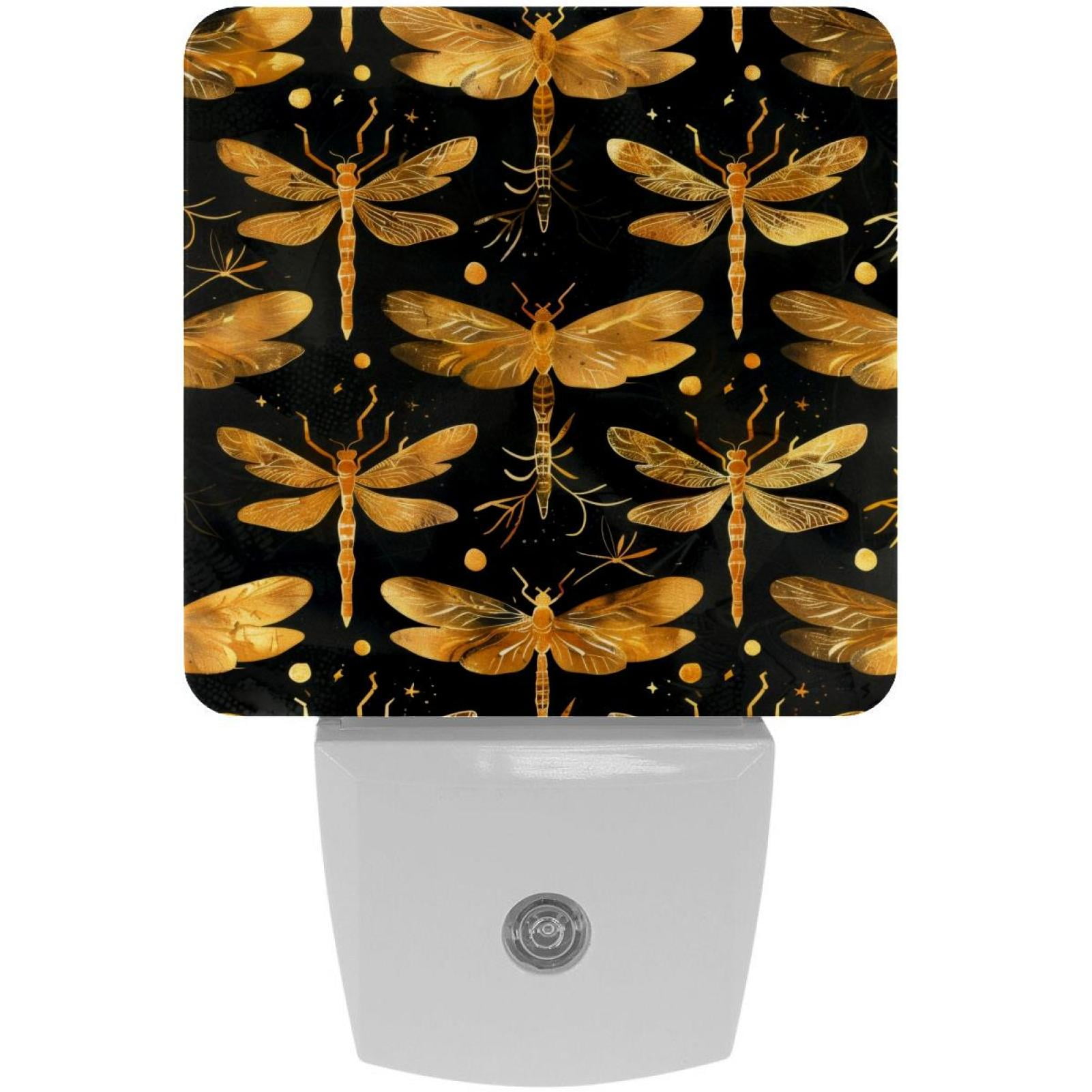 PhooArto Golden Dragonfly Pattern Plug in LED Night Light Auto Sensor Dusk to Dawn Decorative Night for Bedroom, Bathroom, Kitchen, Hallway, Stairs, Baby's Room, Energy Saving