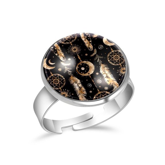 PhooArto Golden Dreamcatcher Feathers Pattern Stainless Steel Rings for Women, Open Adjustable Ring Promise Ring Jewelry Gifts