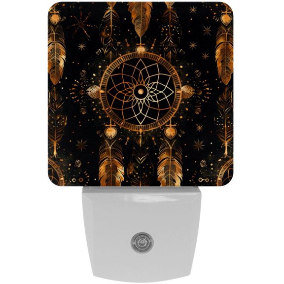 PhooArto Golden Dreamcatcher Pattern Plug in LED Night Light Auto Sensor Dusk to Dawn Decorative Night for Bedroom, Bathroom, Kitchen, Hallway, Stairs, Baby's Room, Energy Saving