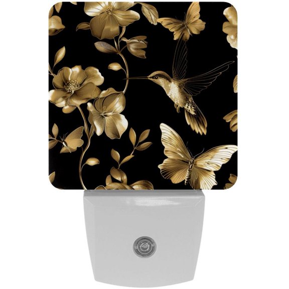 PhooArto Golden Flower Hummingbirds Pattern Plug in LED Night Light Auto Sensor Dusk to Dawn Decorative Night for Bedroom, Bathroom, Kitchen, Hallway, Stairs, Baby's Room, Energy Saving
