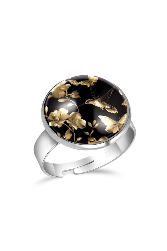 Golden Flower Hummingbirds Pattern Stainless Steel Rings for Women, Open Adjustable Ring Promise Ring Jewelry Gifts
