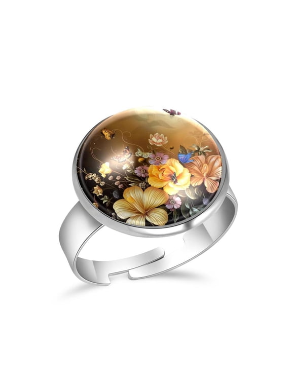 Golden Flowers with Butterflies Stainless Steel Rings for Women, Open Adjustable Ring Promise Ring Jewelry Gifts