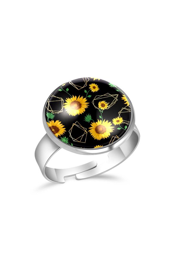Golden Polygonal Sunflowers Pattern Stainless Steel Rings for Women, Open Adjustable Ring Promise Ring Jewelry Gifts